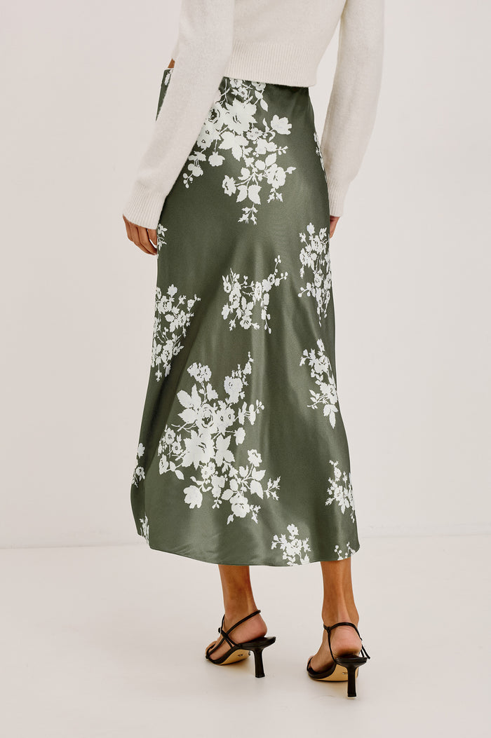 Anya Midi Skirt in Satin-Back Crepe, High-Rise Elastic Waistband, Pull-On FIt in Lace Floral Colorway - Lower Body Back View Featured on Model