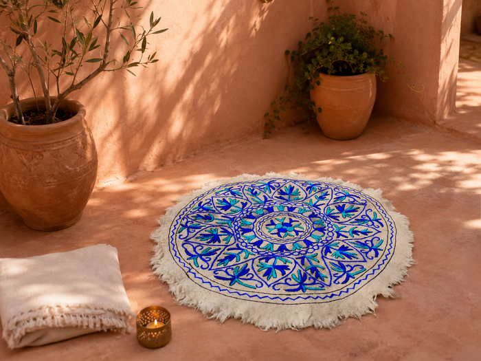 Boho Mandala Rug – Handcrafted Wool Namda from Kashmir, Colorful Embroidery