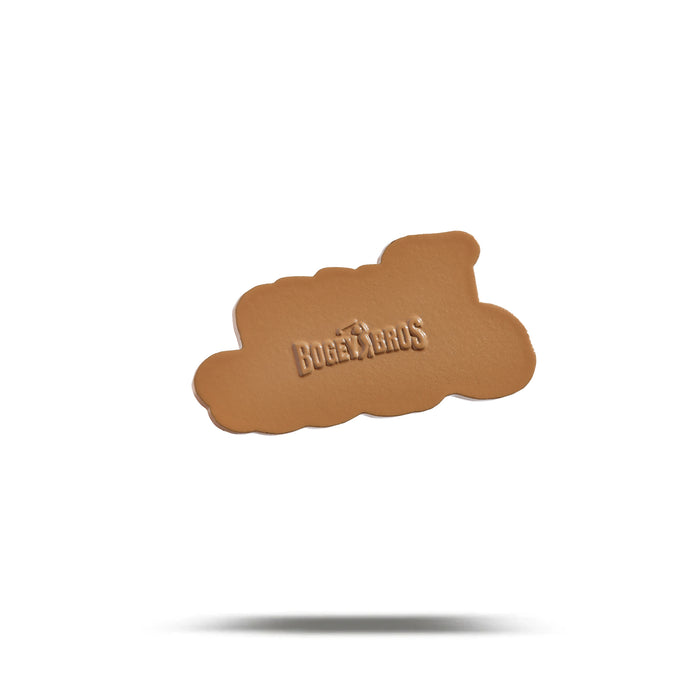 The Bun Stuffer - Ball Marker: a tan, cloud-shaped leather patch with the Bogey Bros logo and golf figure embossed in the center—perfect for pairing with your heavy metal marker as a stylish golf accessory set.