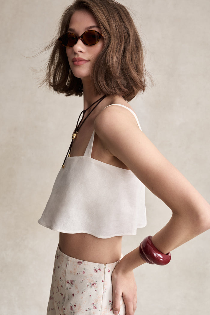 HEVRON Caitlyn Crop Ivory Linen Crop Top, studio shot