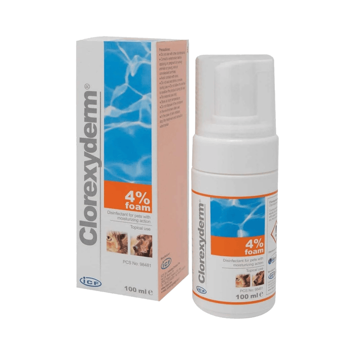 White background with a bottle of Clorexyderm 4% Foam 100ml with the box pictured beside it.