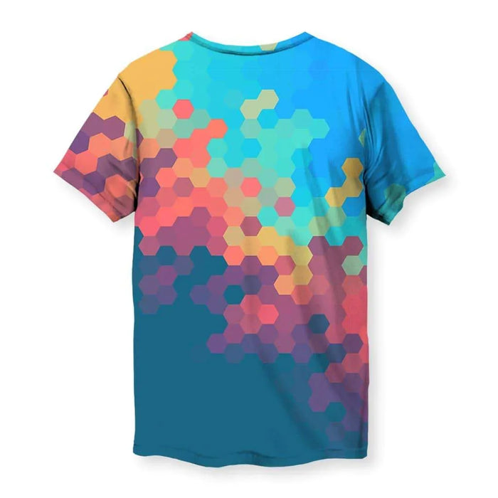 Day Break T-Shirt - The cascading "sunset coral (#FF7F50)" hexagonal fragmentation that dissolves into the "deep abyssal teal (#00485C)" void, mimicking a data-loss glitch or digital sunrise.