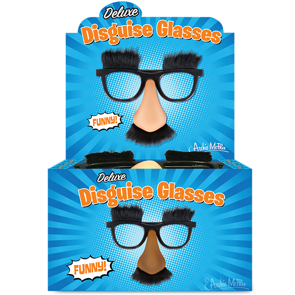 The Deluxe Disguise Glasses packaging showcases a playful design with a big nose, eyebrows, and mustache. This novelty item includes a high-quality frame and features the text "Funny!" on it.