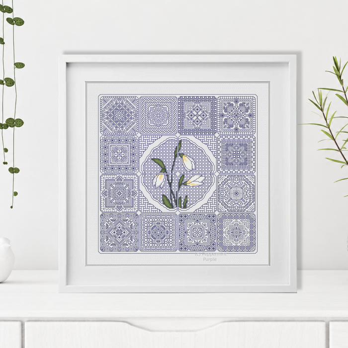 Dutch Tiles - SnowDrops Blackwork Pattern by Peppermint Purple