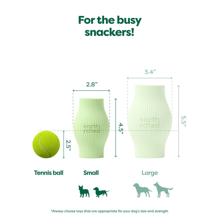 White background with a pale green Small Earth Rated Treat dog toy pictured next to a tennis ball for scale, with the large toy greyed out. With measurements for both.
