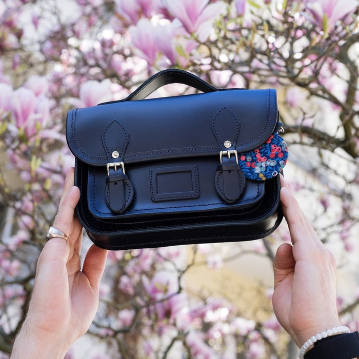 Floral Lined Leather Midi Satchel - Navy - Bascora
