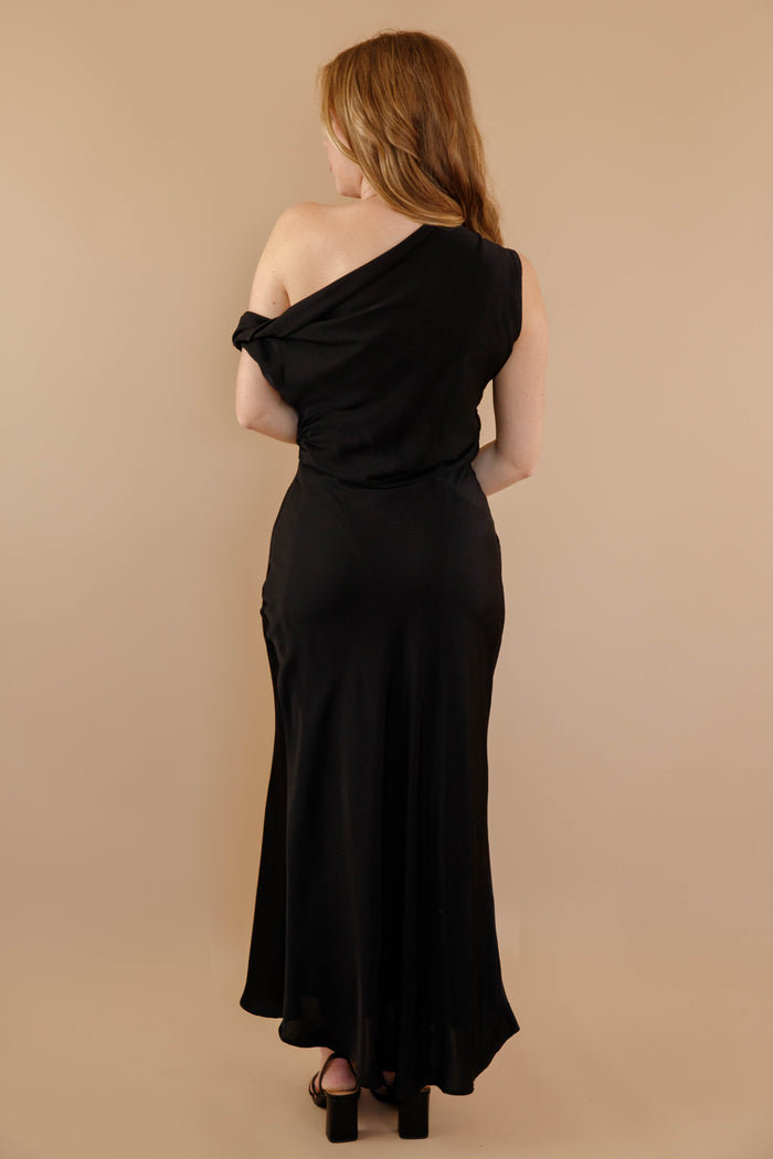 Women's Black Satin Maxi Dress- Women's Off The Shoulder Black Dress- Cocktail Dresses
