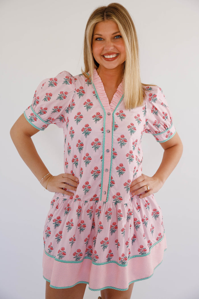 Pink Floral Mini Dress – Button Down Puff Sleeve Dress – Cottagecore Spring Boutique Dress
