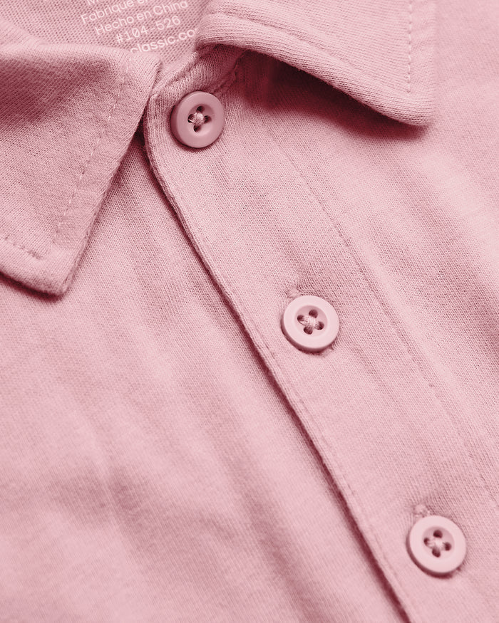 Light Heather Boysenberry Short Sleeve Tall Polo with button-front placket.