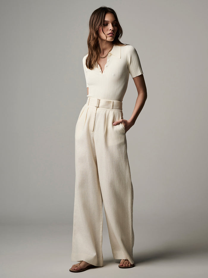 HEVRON Maya Polo Ivory Ribbed Knit Polo, front view worn by model