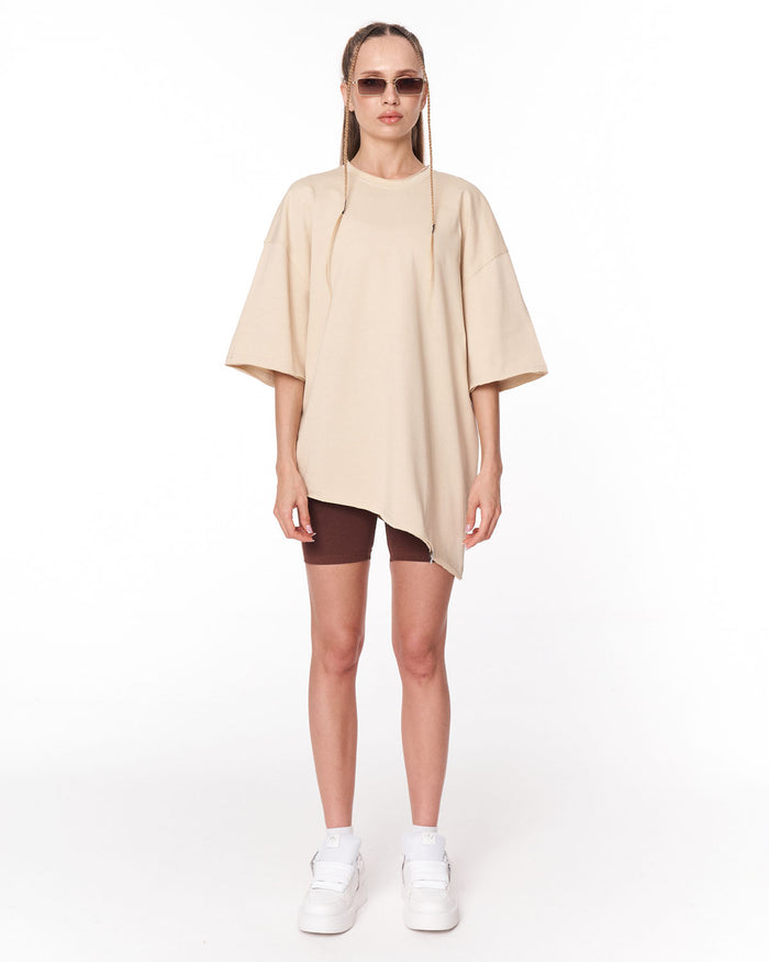 Women's Oversized Asymmetrical Beige T-Shirt front close view