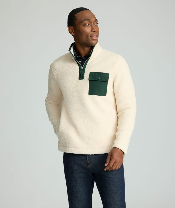 Model is wearing UNTUCKit Sherpa Pullover.