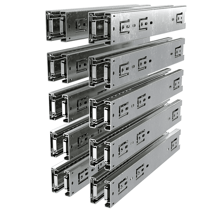 Angled left view of 10-pair bundle of 12 inch ball-bearing drawer slides