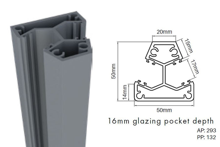135 Degrees corner post semi frameless pool fence post, Aluminium, 5800mm long, - Image 1