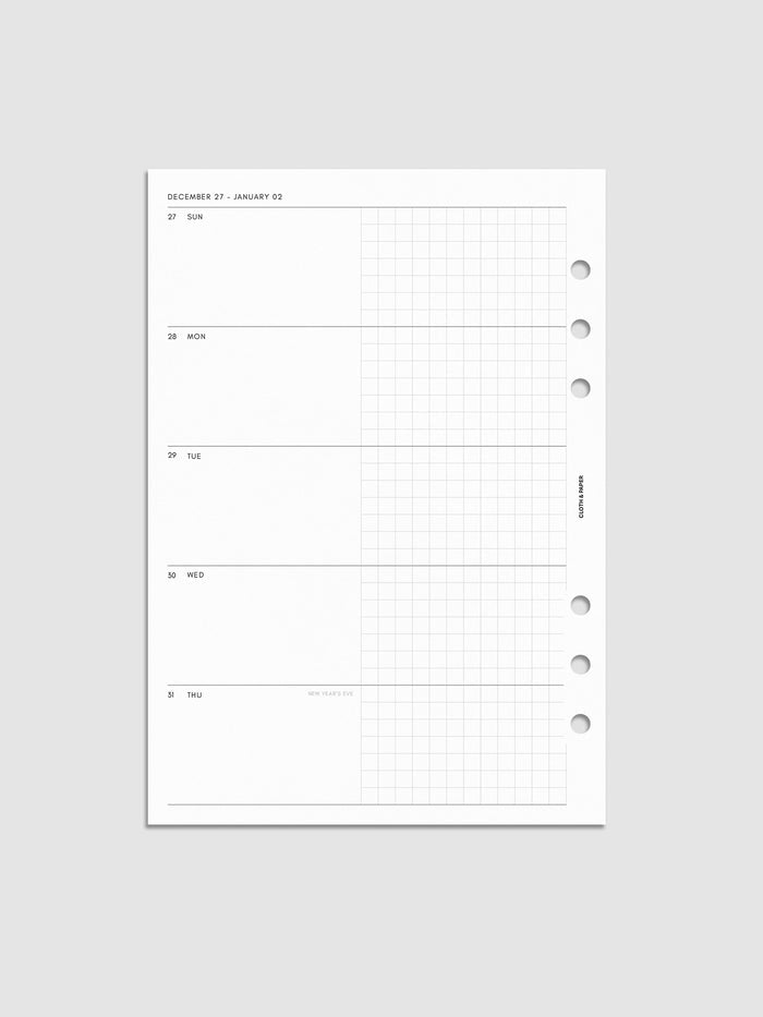Mockup of the 2027 Dated Weekly Horizontal Planner Inserts | Sunday Start left page shown in size A5 6-Ring Punch