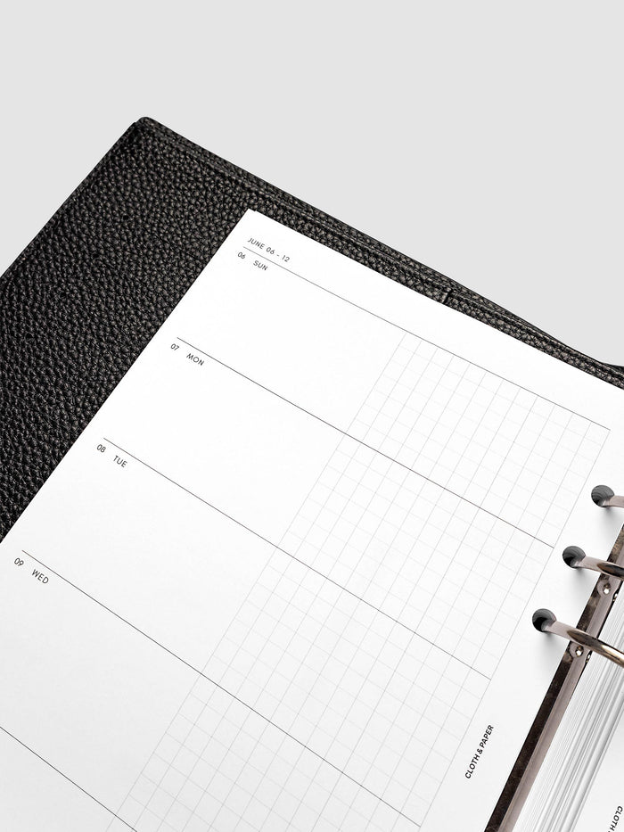 2027 Dated Weekly Horizontal Planner Inserts, Sunday Start, A5 6-Ring Punch, close-up of the top of the left page showing Sunday through Thursday with each day split into open and graph columns