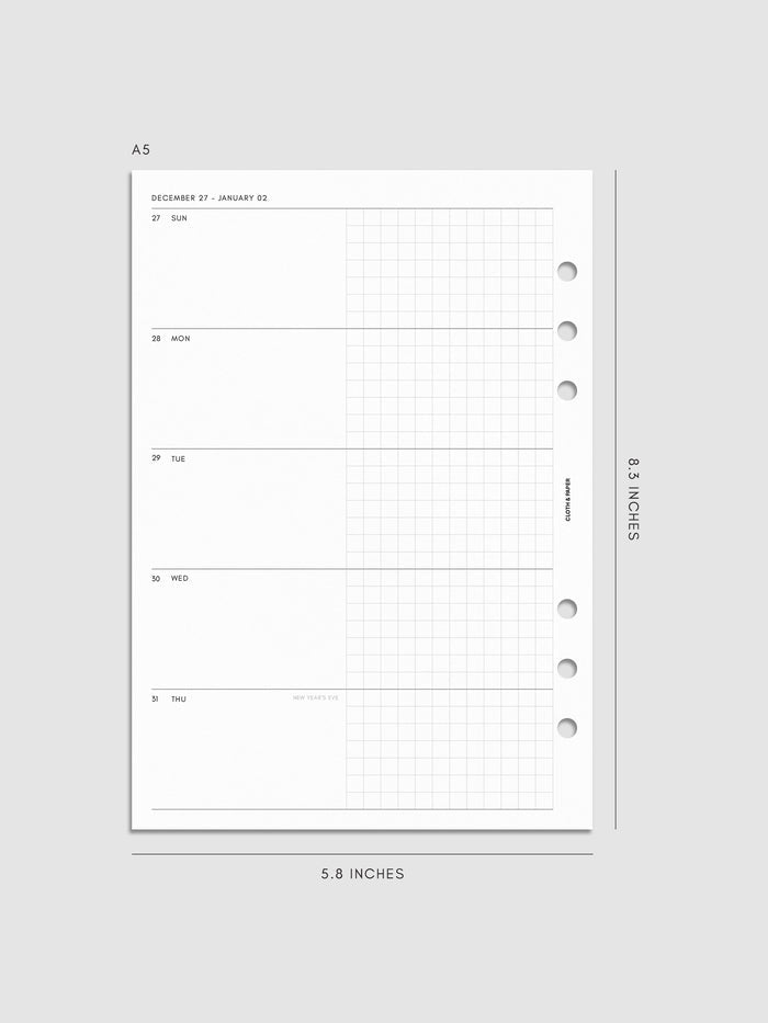 Mockup of the 2027 Dated Weekly Horizontal Planner Inserts | Sunday Start left page shown in size A5 6-Ring Punch