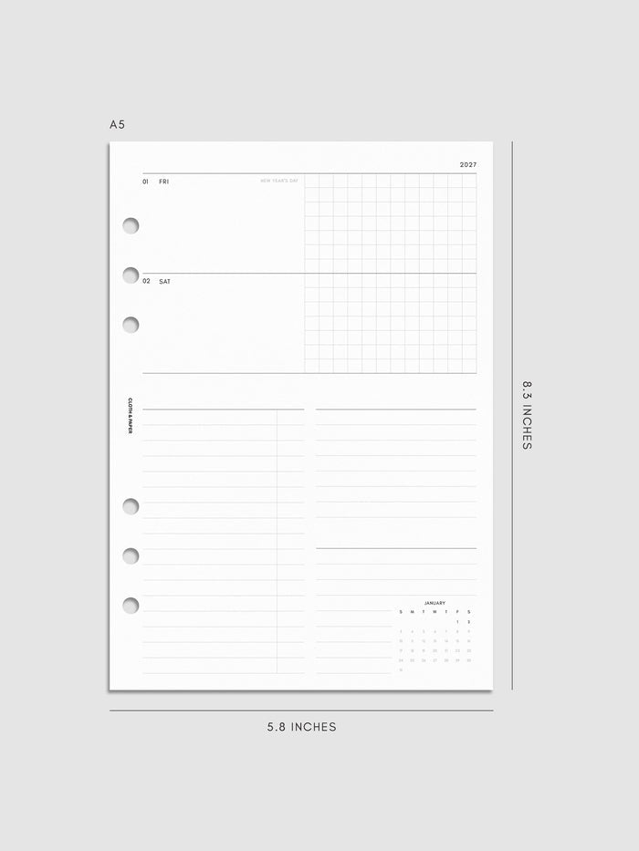Mockup of the 2027 Dated Weekly Horizontal Planner Inserts | Sunday Start right page shown in size A5 6-Ring Punch
