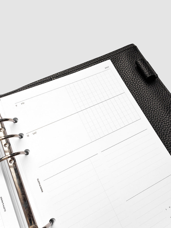 2027 Dated Weekly Horizontal Planner Inserts, Sunday Start, A5 6-Ring Punch, close-up of the top of the right page showing Friday and Saturday with each day split into open and graph columns alongside the tasks and notes columns