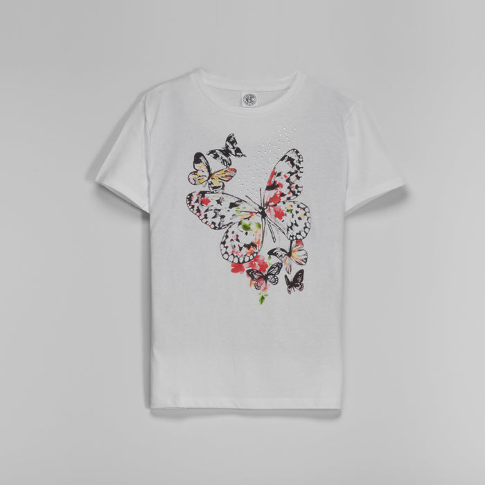 Camiseta manga corta mariposa y strass mujer