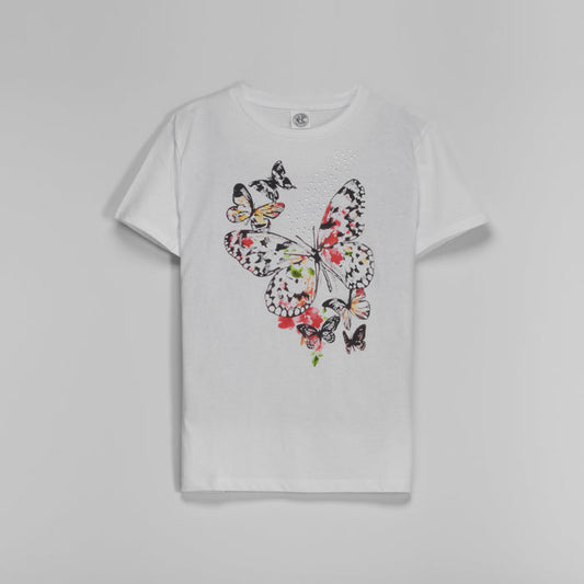 Camiseta manga corta mariposa y strass mujer