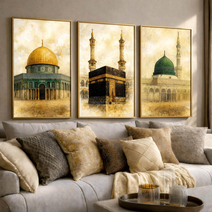 Sepia-toned Kaaba and holy mosques triptych on framed canvas, cohesive wall art set