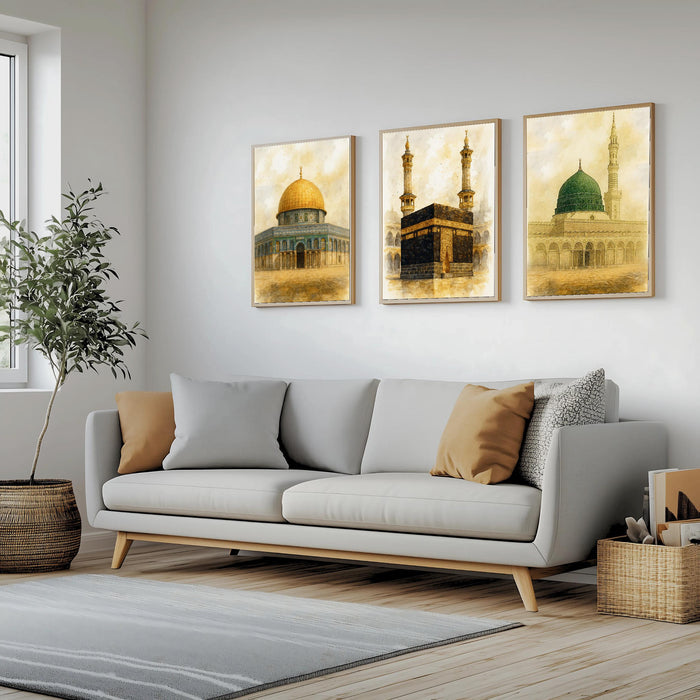 Close-up of Kaaba motif in warm sepia finish on framed Islamic canvas