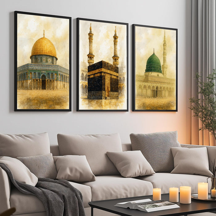 Aerial view of Medina and Aqsa mosques depicted in vintage sepia on canvas