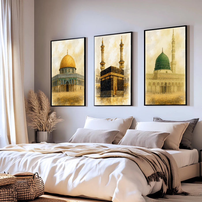 Three-panel Islamic architecture artwork with antique sepia tones, ready to hang