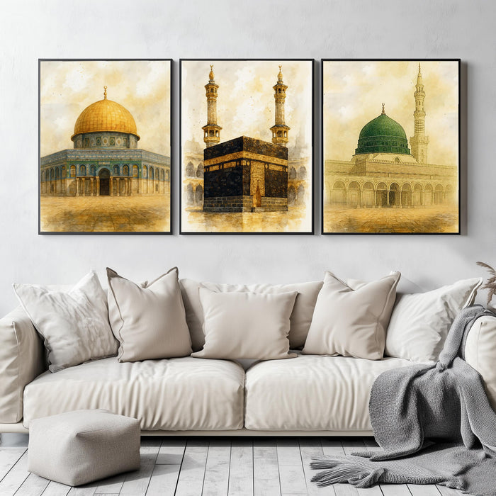 Soft-edged arches and domes across three canvases forming a single triptych