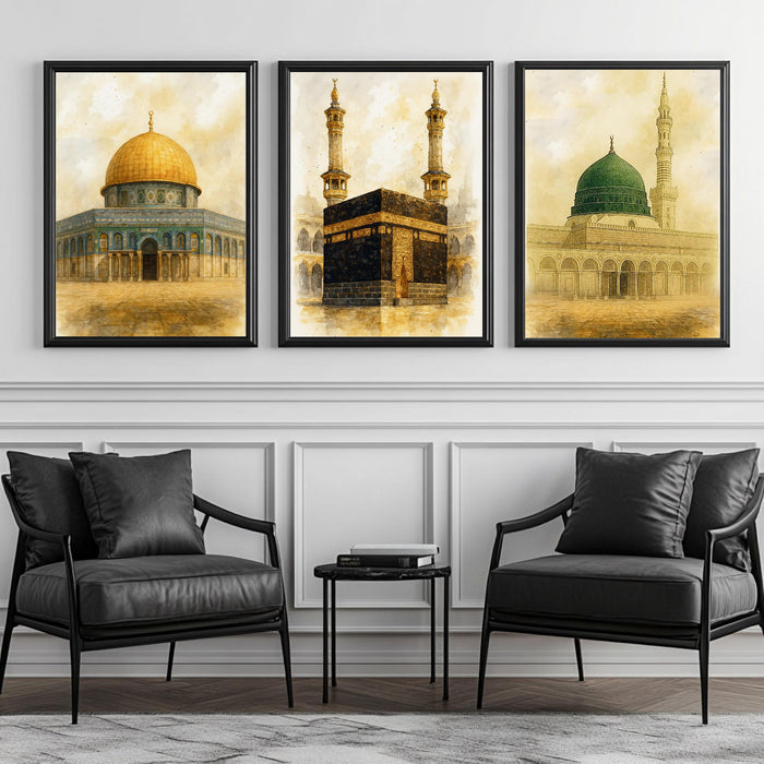 Coordinated sepia tones across the triptych, ideal for meditation corners or studies