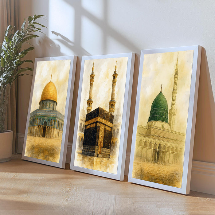 Premium canvas wall art set with religious landmarks in warm sepia palette