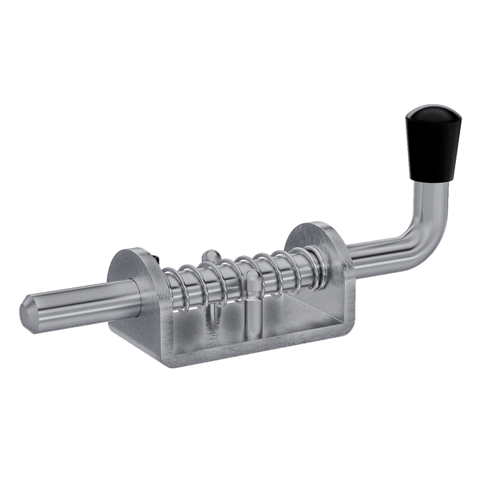 Aluminum base Spring Bolt with a stainless steel rod. Shown in right perspective with rod in closed position.