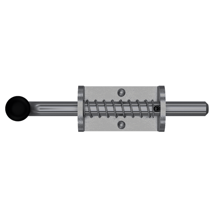 Aluminum base Spring Bolt with a stainless steel rod. Shown from top perspective with rod in closed position.