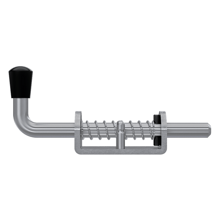 Aluminum base Spring Bolt with stainless steel rod. Shown in front perspective with rod in closed position.