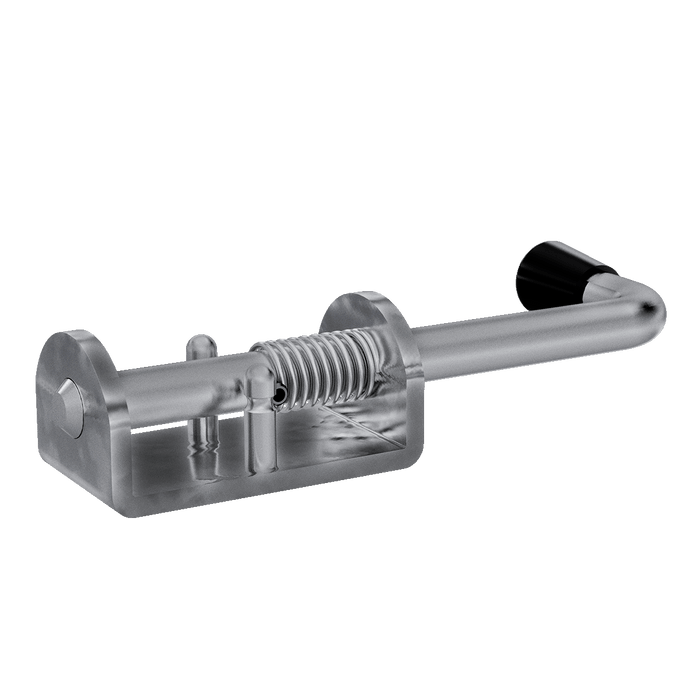 Aluminum base Spring Bolt with stainless steel rod. Shown in right perspective with rod in open position.
