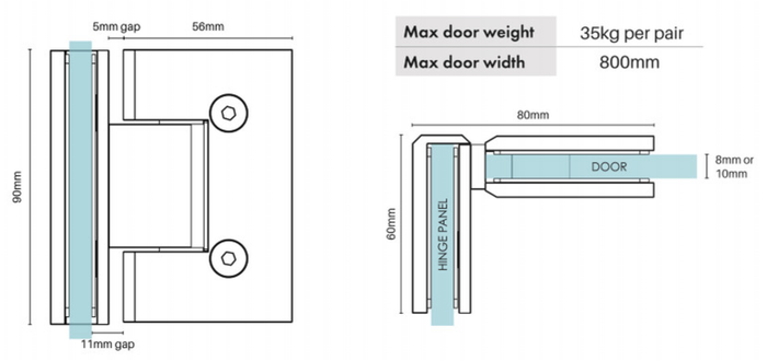 90 Degrees Frameless Shower Door hinge - Satin Chrome - Image 2