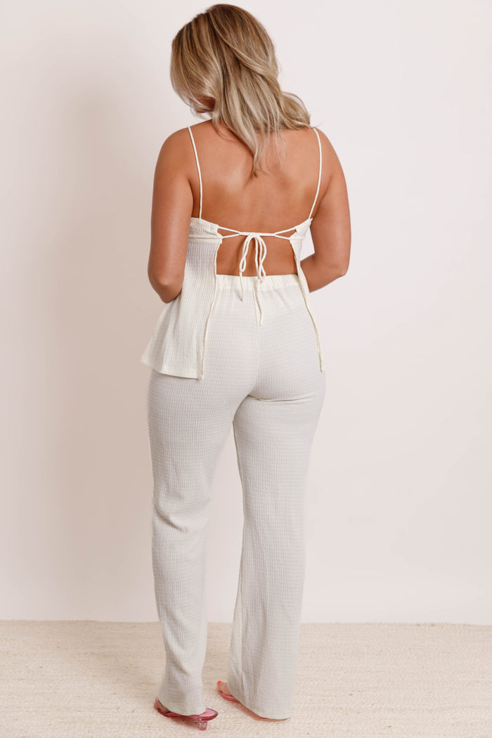 Textured Open Back Jumpsuit- Ivory Wide Leg Jumpsuit- Klesis Jumpsuit