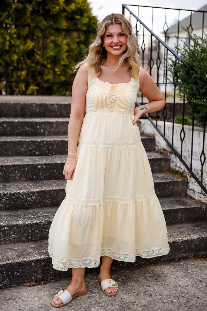 Butter Yellow Lace-Up Maxi Dress – Romantic Tiered Cottage Dress- In Loom Maxi Dress