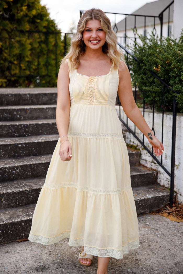 Butter Yellow Lace-Up Maxi Dress – Romantic Tiered Cottage Dress- In Loom Maxi Dress