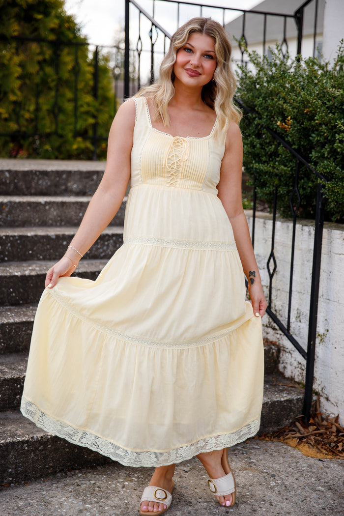 Butter Yellow Lace-Up Maxi Dress – Romantic Tiered Cottage Dress- In Loom Maxi Dress