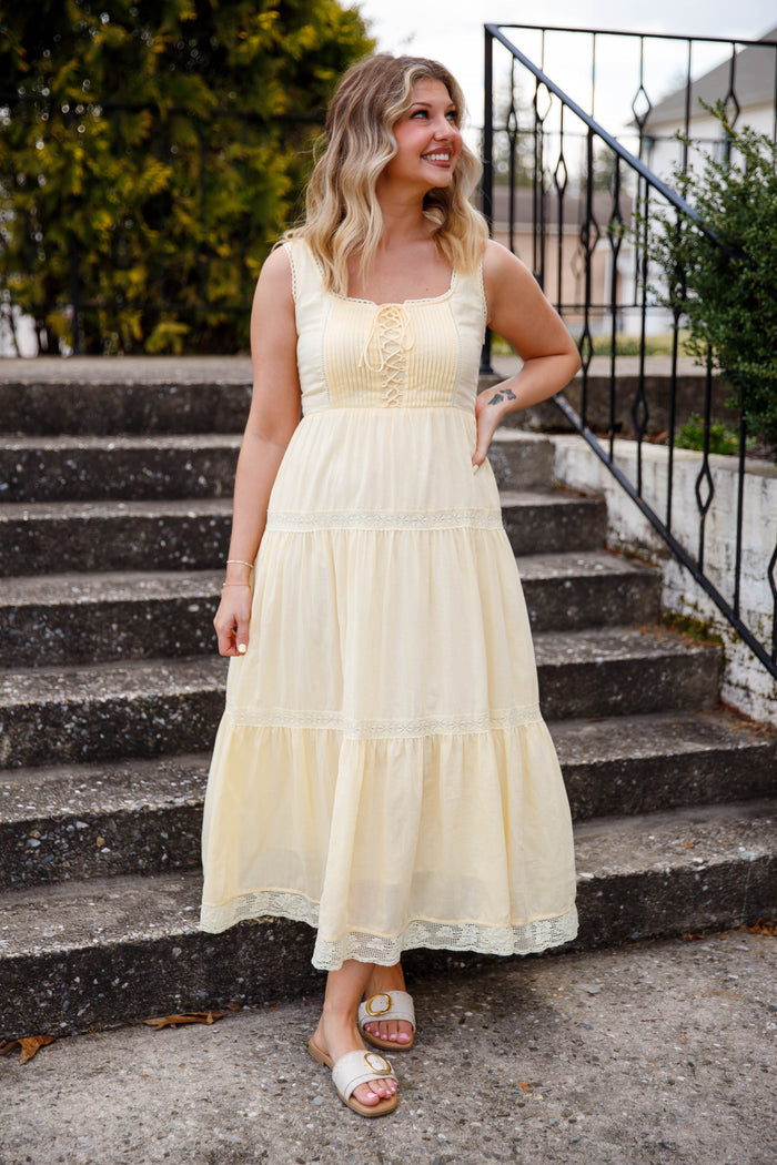 Butter Yellow Lace-Up Maxi Dress – Romantic Tiered Cottage Dress- In Loom Maxi Dress
