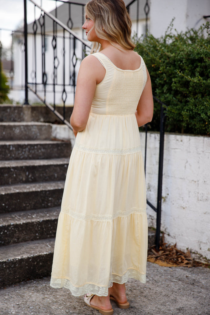 Butter Yellow Lace-Up Maxi Dress – Romantic Tiered Cottage Dress- In Loom Maxi Dress