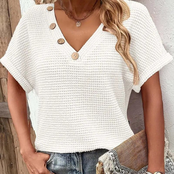 Adina - Pull élégant à décolleté en V avec manches courtes et boutons