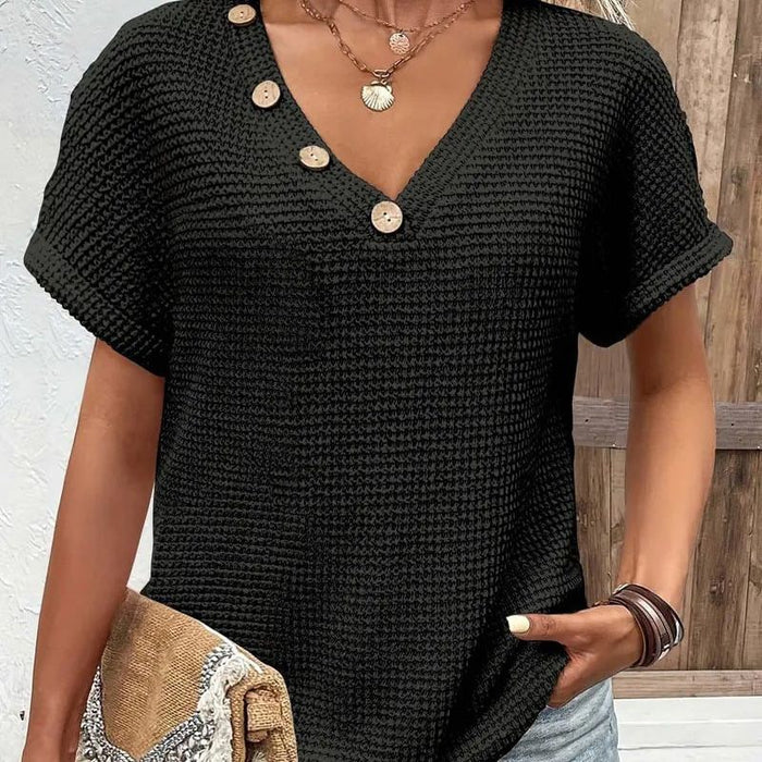 Adina - Pull élégant à décolleté en V avec manches courtes et boutons