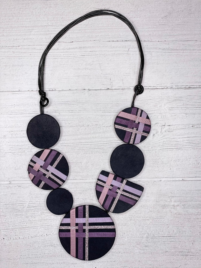Alisha D Big Purple Plaid Coin Design Necklace Synthetic Leather And Ribbon