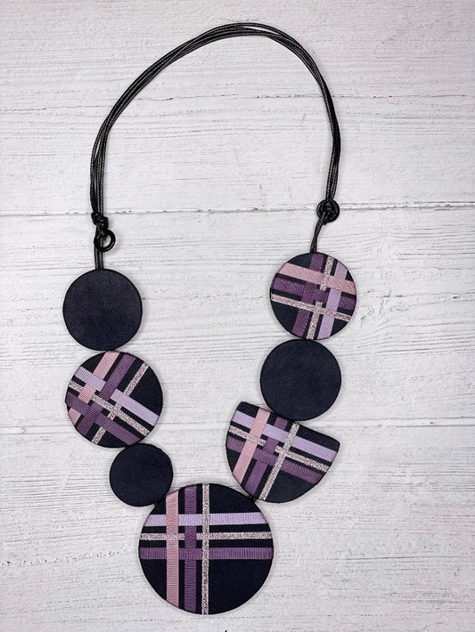 Alisha D Big Purple Plaid Coin Design Necklace Synthetic Leather And Ribbon