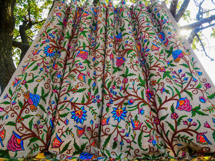Hand-Embroidered Floral Curtain from Kashmir – Cotton & Wool Boho Bedroom Curtain