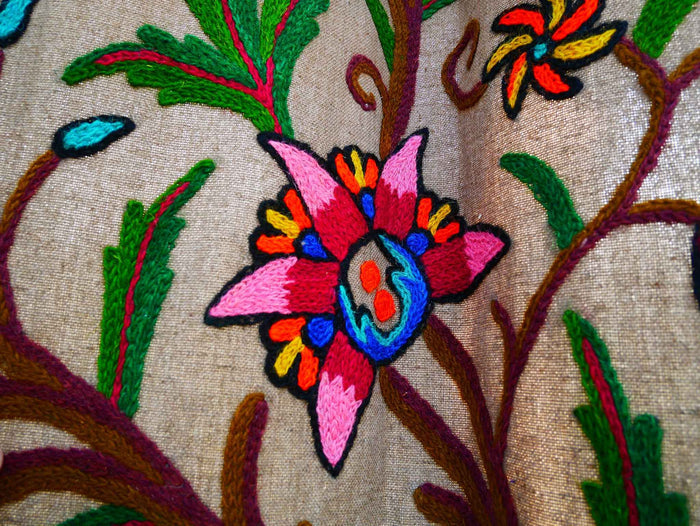 Hand-Embroidered Floral Curtain from Kashmir – Cotton & Wool Boho Bedroom Curtain