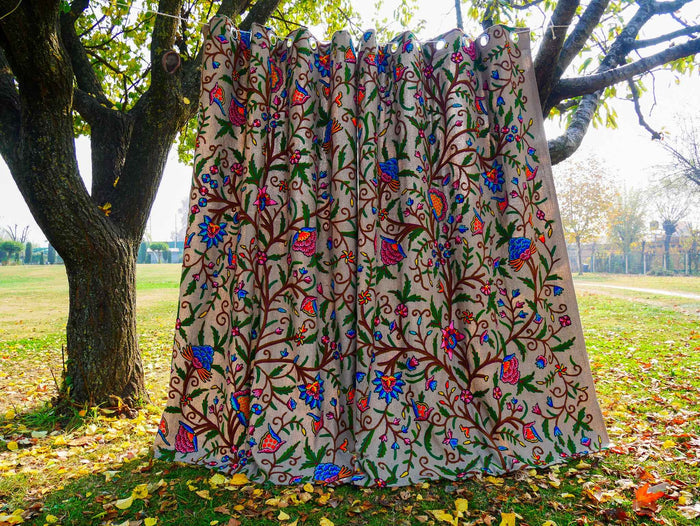 Hand-Embroidered Floral Curtain from Kashmir – Cotton & Wool Boho Bedroom Curtain
